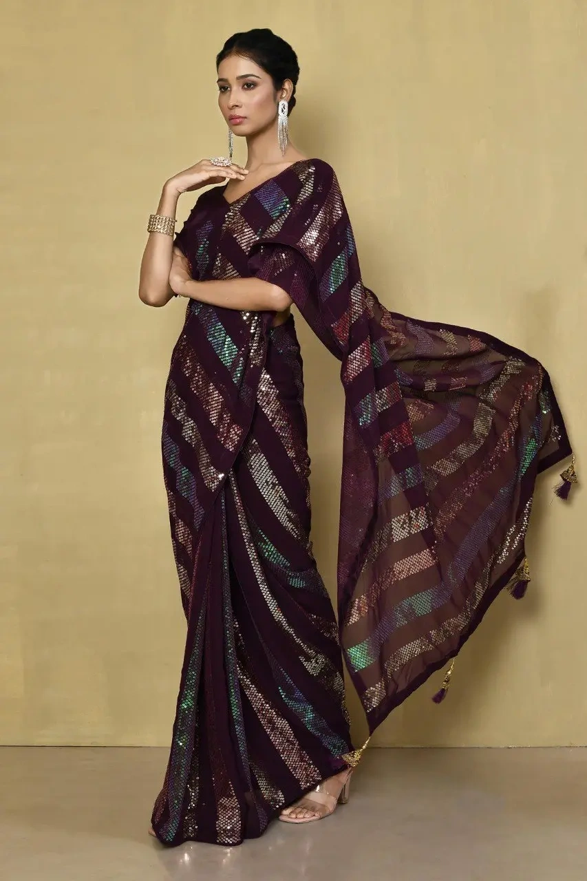 Embellished Georgette Sequence Saree with Sequence Embroidery Work-Brown-1