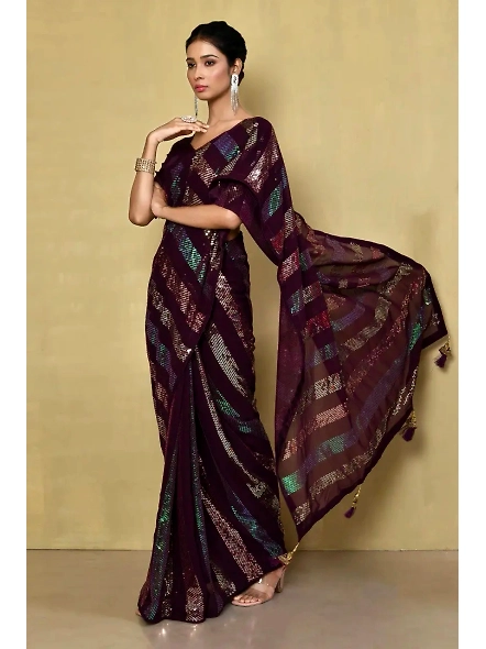 Embellished Georgette Sequence Saree with Sequence Embroidery Work-Brown-1