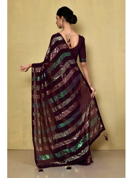 Embellished Georgette Sequence Saree with Sequence Embroidery Work-Brown-2