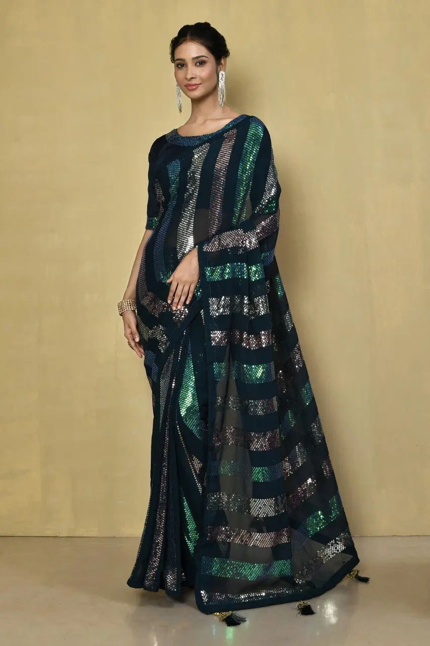 Embellished Georgette Sequence Saree with Sequence Embroidery Work-VT1143_Green