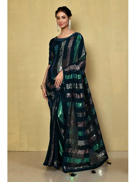 Embellished Georgette Sequence Saree with Sequence Embroidery Work-VT1143_Green
