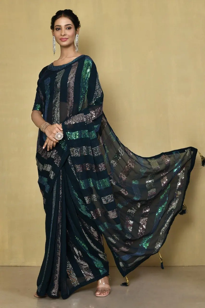 Embellished Georgette Sequence Saree with Sequence Embroidery Work-Green-1