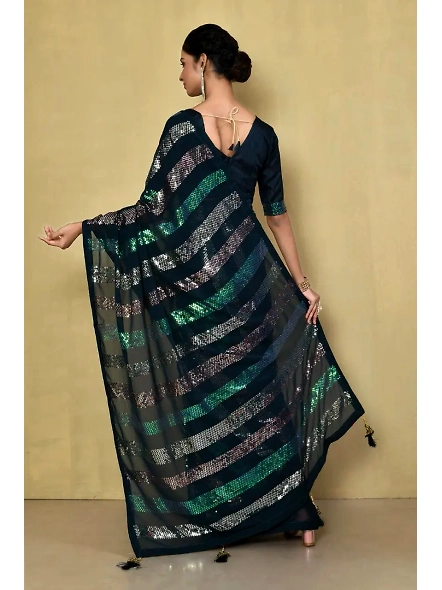 Embellished Georgette Sequence Saree with Sequence Embroidery Work-Green-2