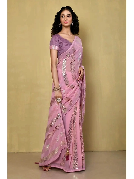 Embellished Georgette Sequence Saree with Sequence Embroidery Work-Pink-1