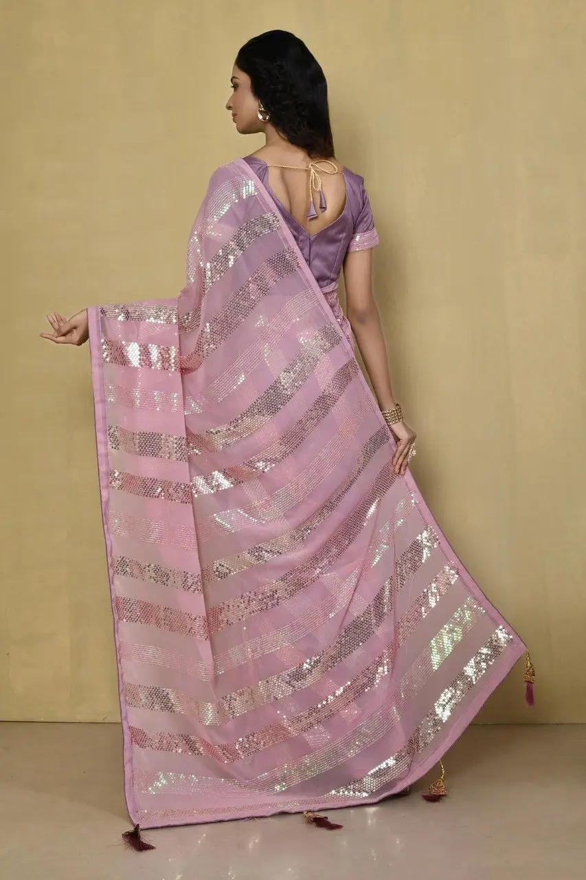 Embellished Georgette Sequence Saree with Sequence Embroidery Work-Pink-2