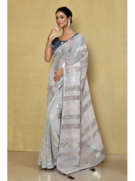 Embellished Georgette Sequence Saree with Sequence Embroidery Work-VT1143_Whitw