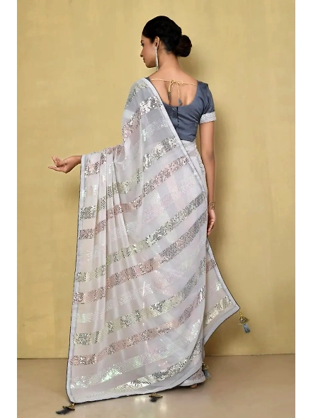 Embellished Georgette Sequence Saree with Sequence Embroidery Work-White-2