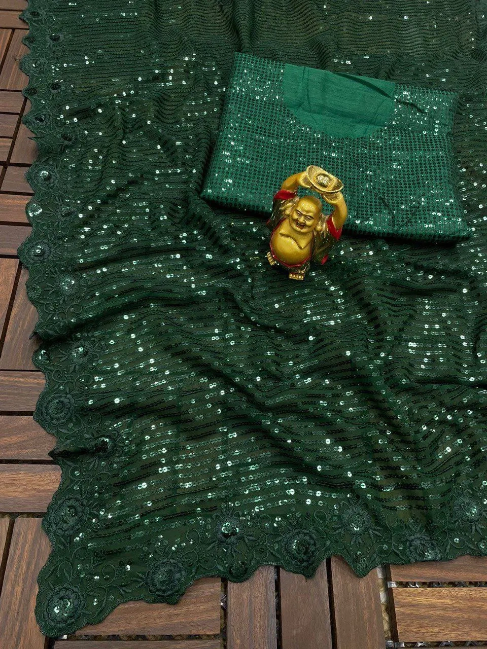 Embellished Sequin Saree With Blouse - Elegant Indian Ethnic Attire-KES753_Green