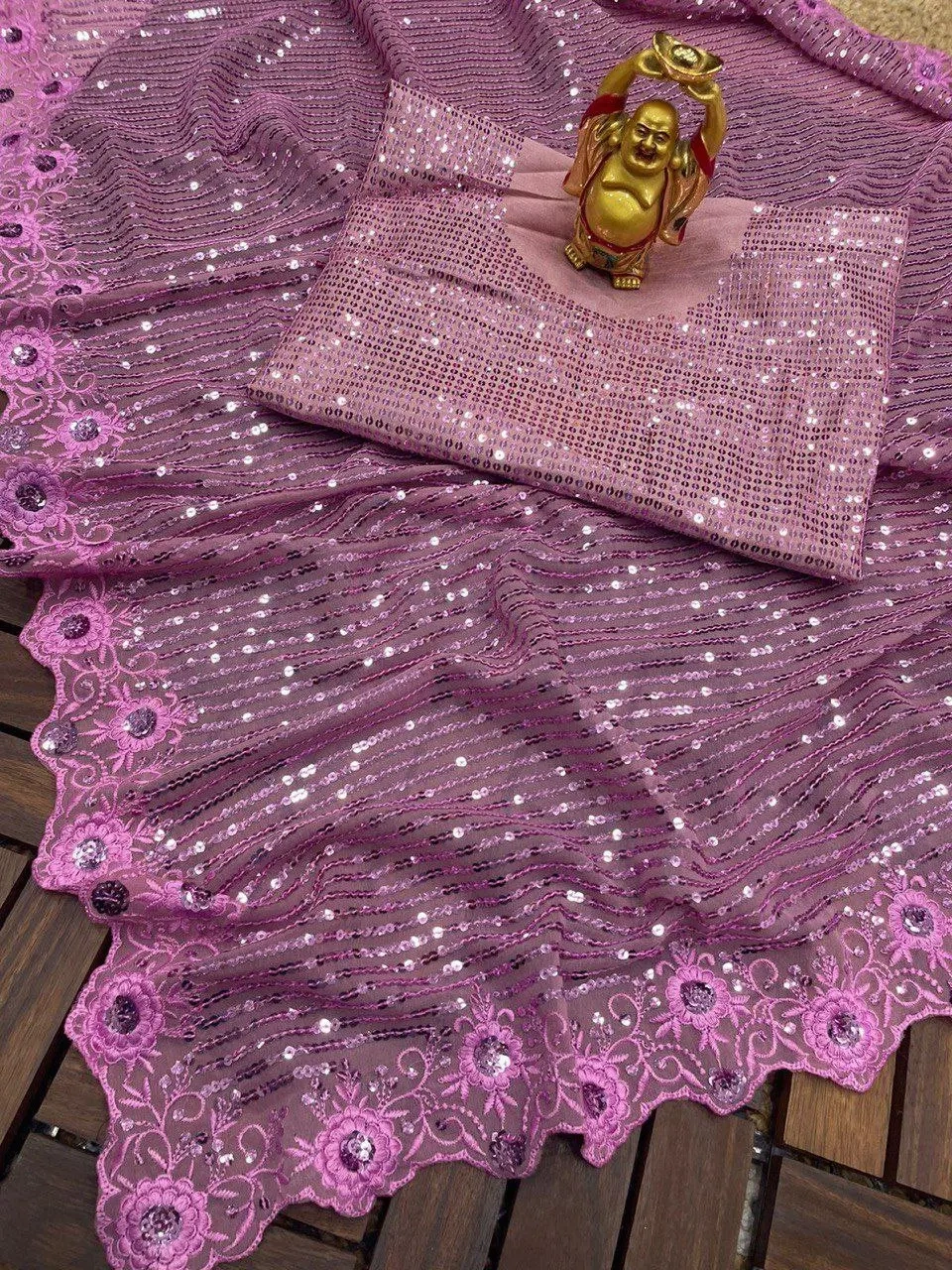 Embellished Sequin Saree With Blouse - Elegant Indian Ethnic Attire-KES753_Pink