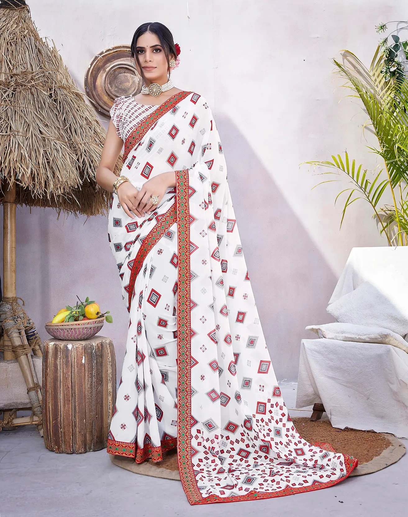 Georgette Saree with Lace Border-ANUSHI_RED