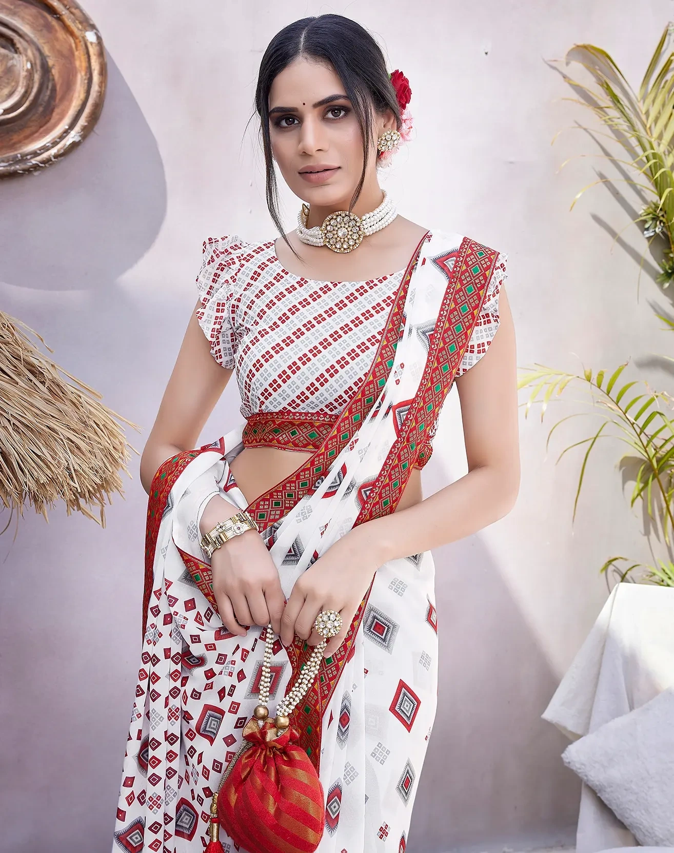 Georgette Saree with Lace Border-Red-2