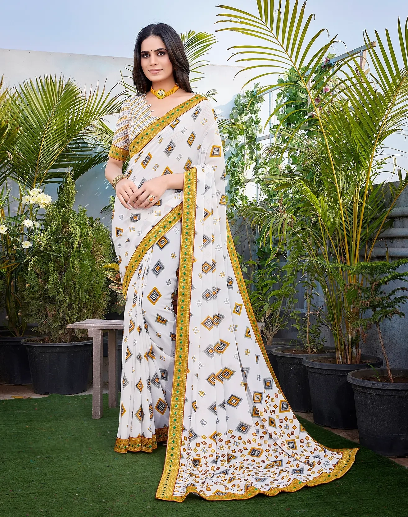 Georgette Saree with Lace Border-ANUSHI_YELLOW