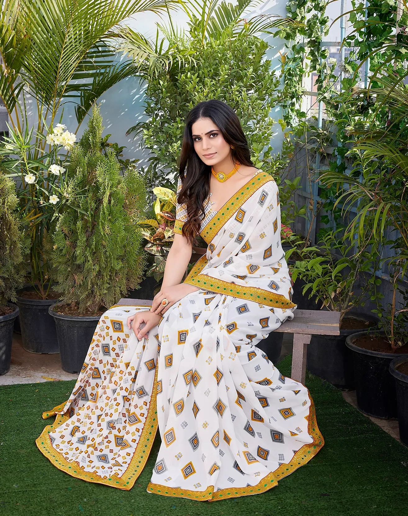 Georgette Saree with Lace Border-Yellow-1