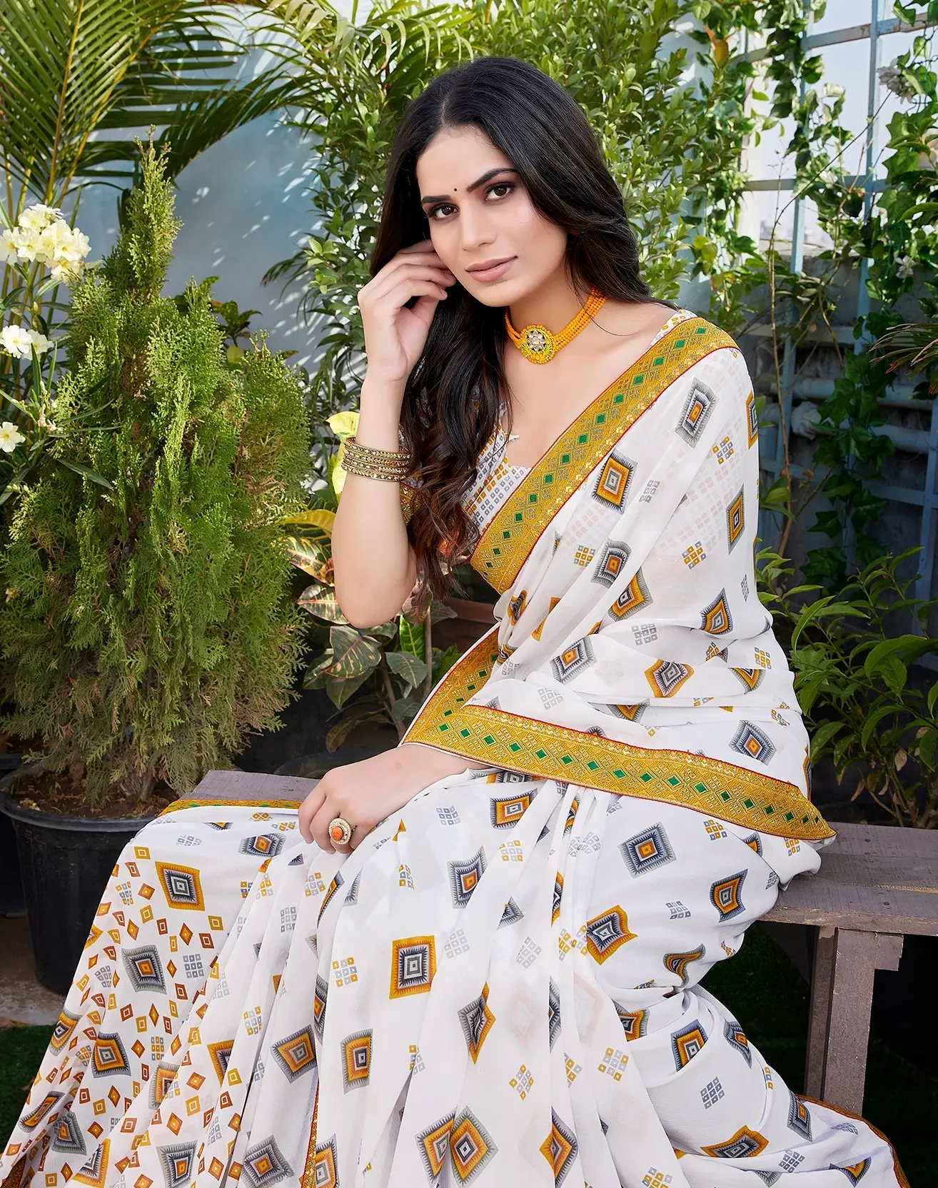 Georgette Saree with Lace Border-Yellow-2