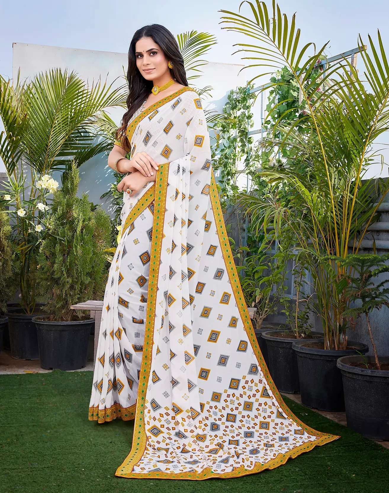 Georgette Saree with Lace Border-Yellow-3