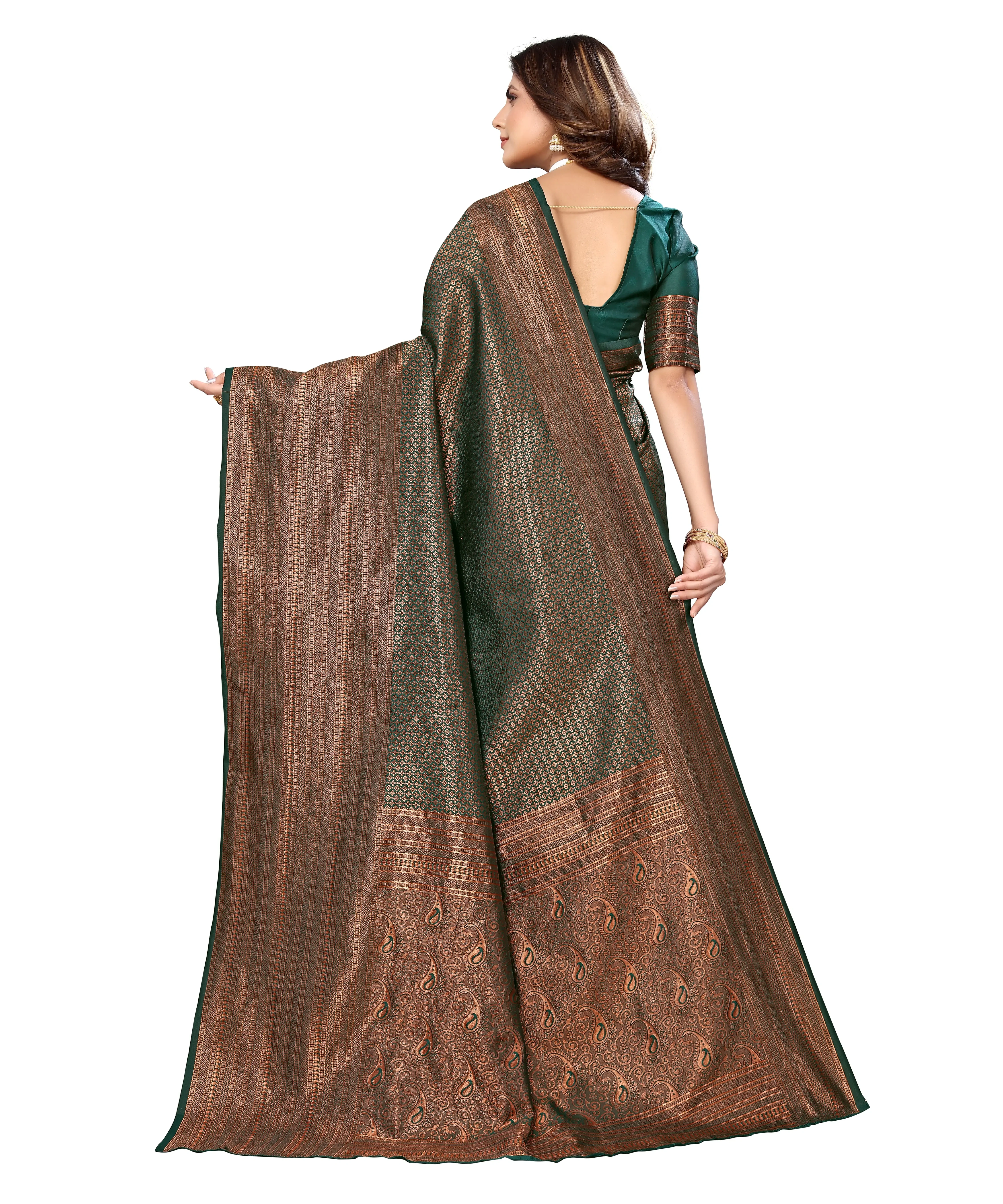 Jacquard Art Silk Weaving Saree-Green-2