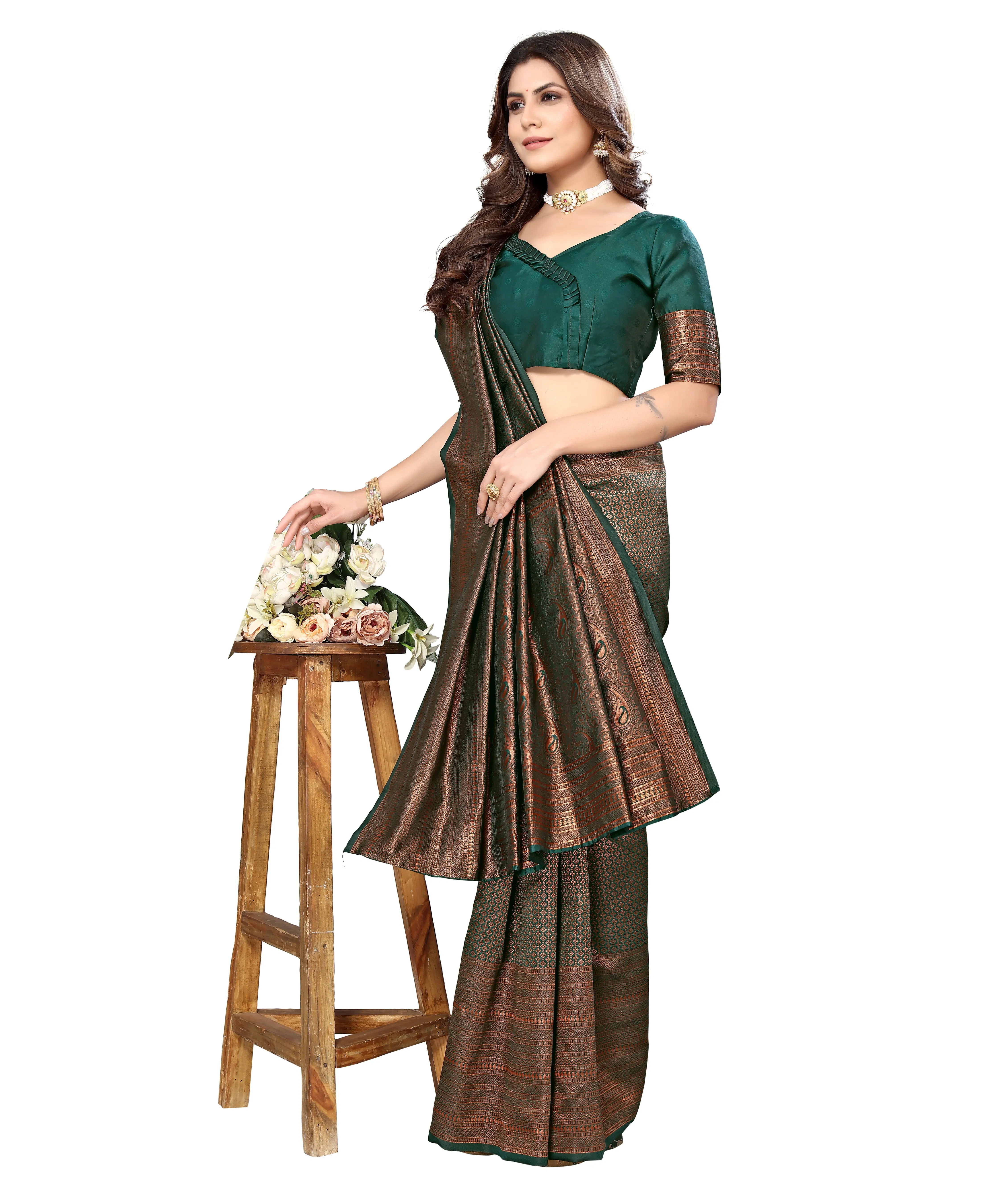 Jacquard Art Silk Weaving Saree-GREEN-3