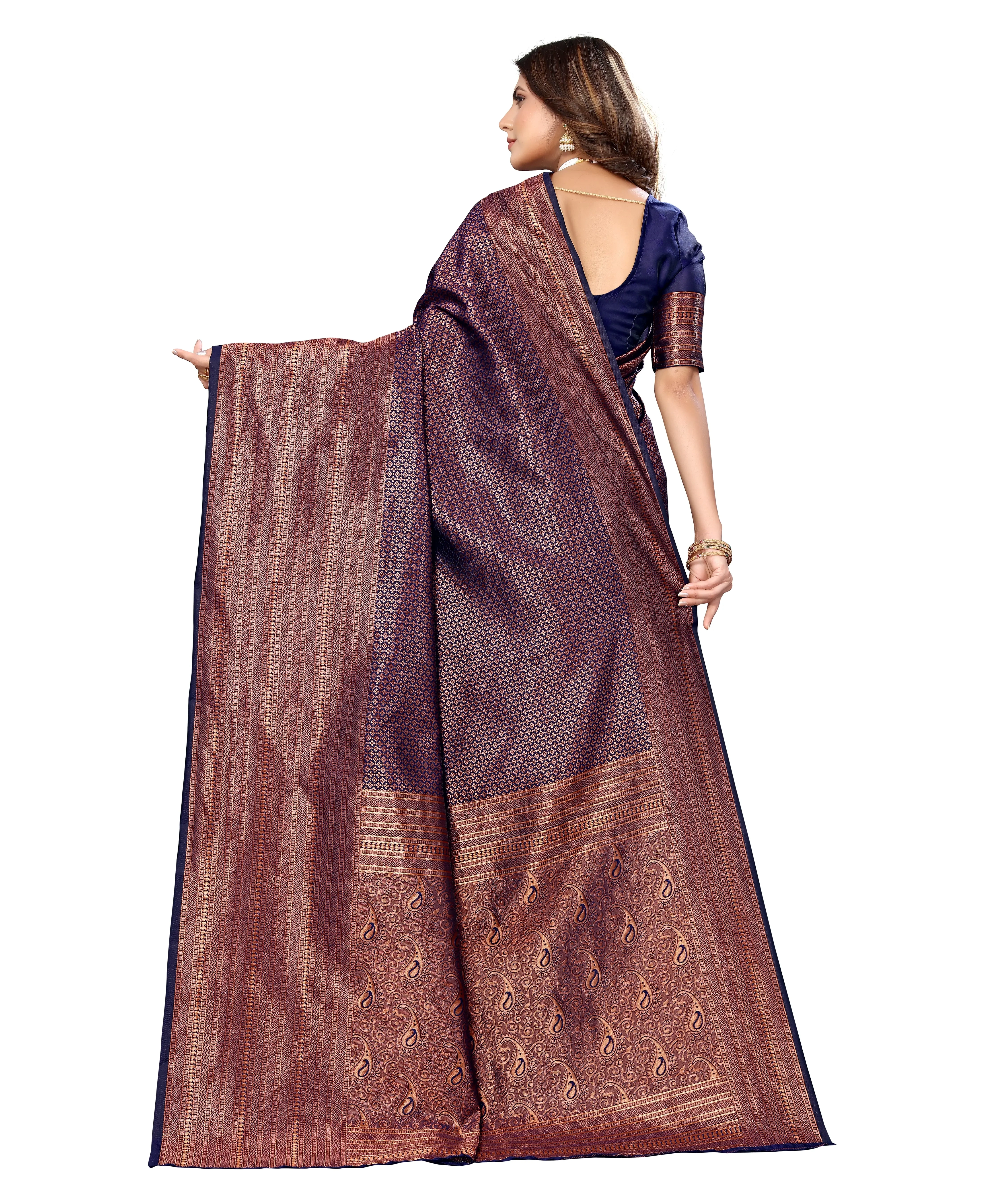 Jacquard Art Silk Weaving Saree-Navy-2