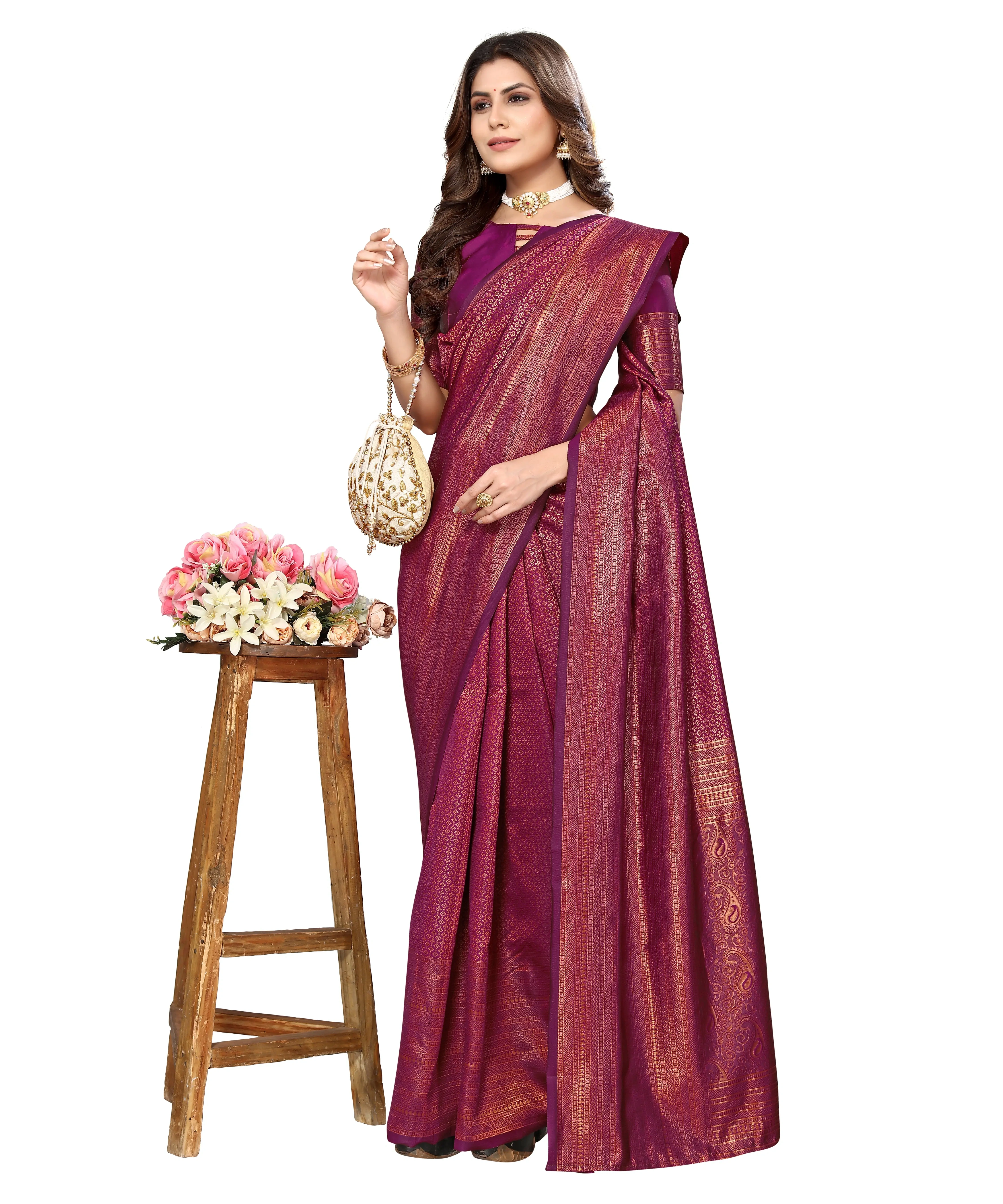 Jacquard Art Silk Weaving Saree-Purple-3