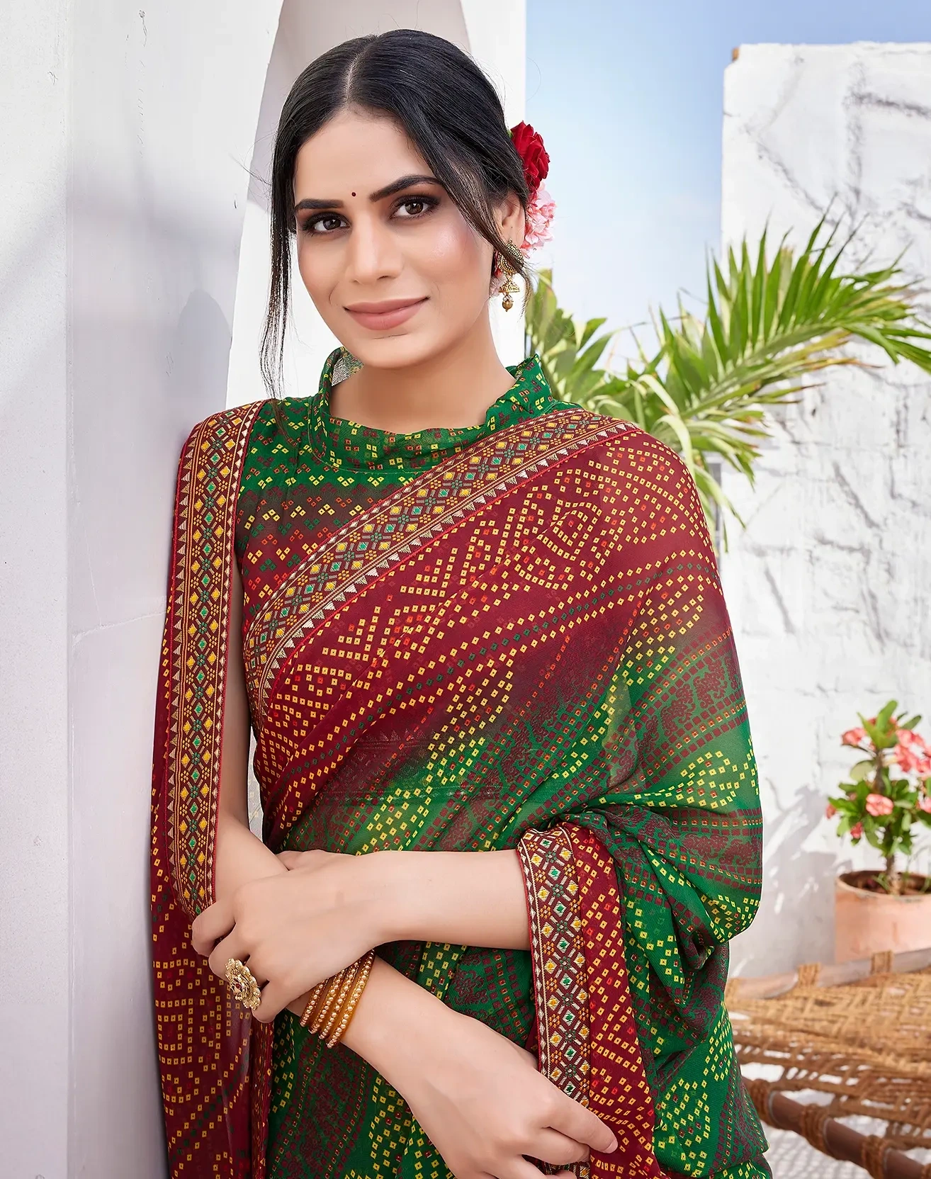 Luxurious Georgette Saree with Delicate Lace Border-Green-2