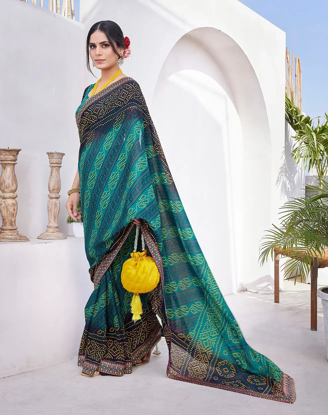 Luxurious Georgette Saree with Delicate Lace Border-Cyan-1