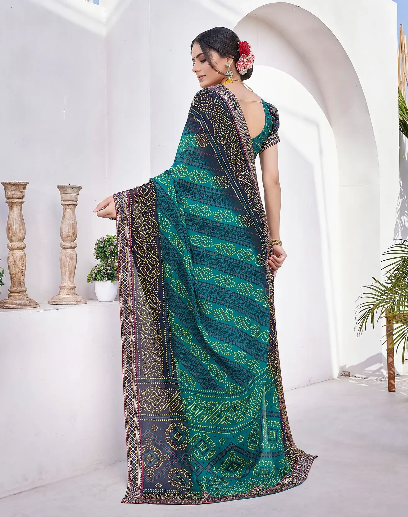 Luxurious Georgette Saree with Delicate Lace Border-Cyan-3