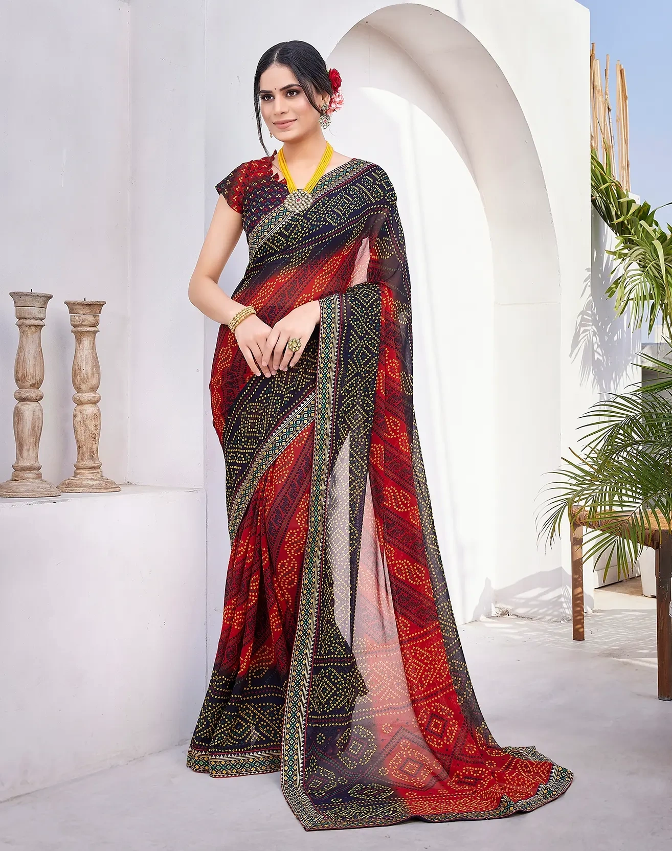 Luxurious Georgette Saree with Delicate Lace Border-Basant_Red