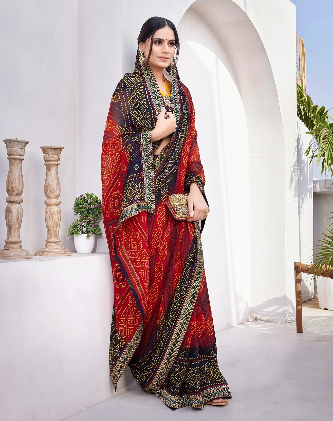 Luxurious Georgette Saree with Delicate Lace Border-Red-1