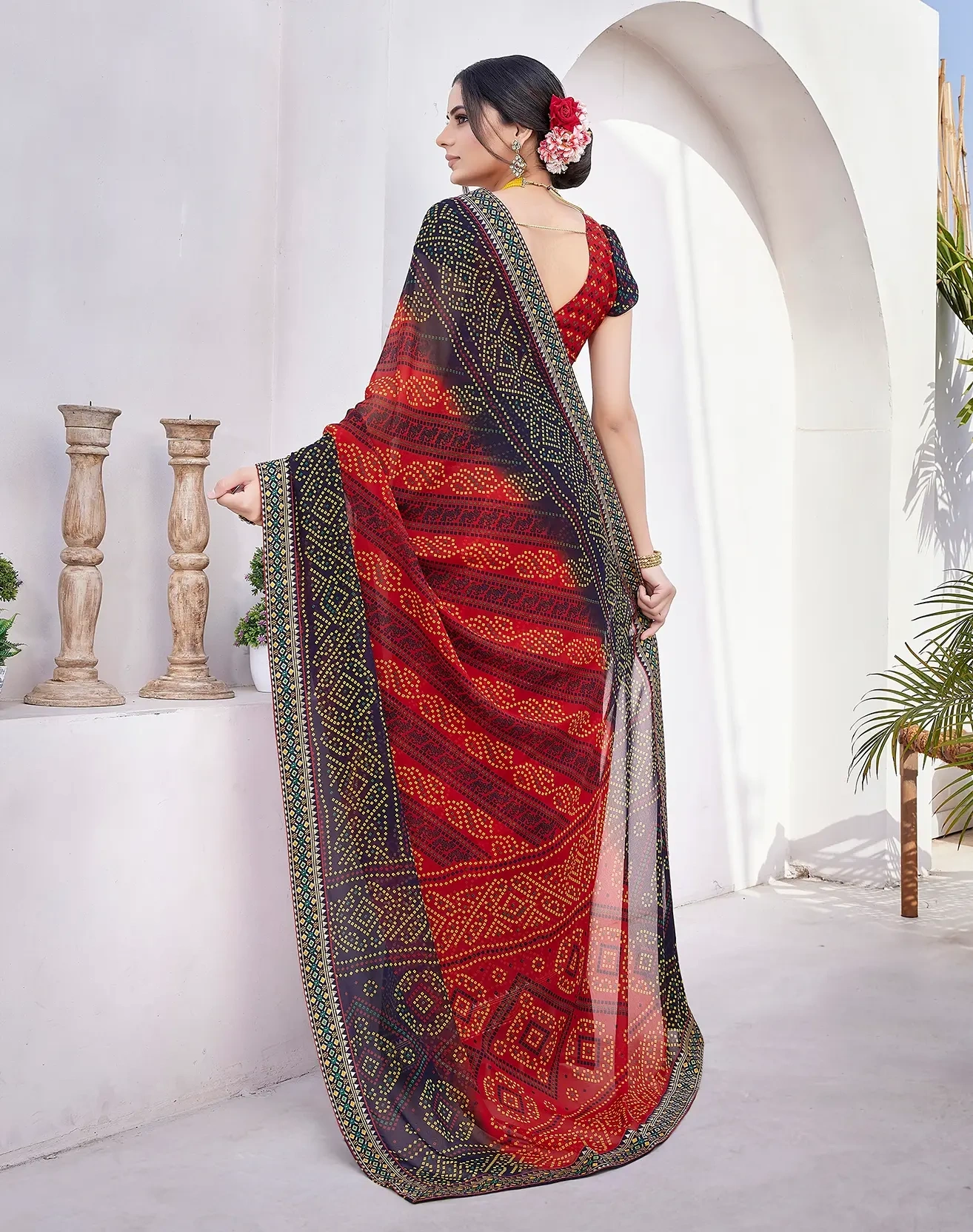 Luxurious Georgette Saree with Delicate Lace Border-Red-3