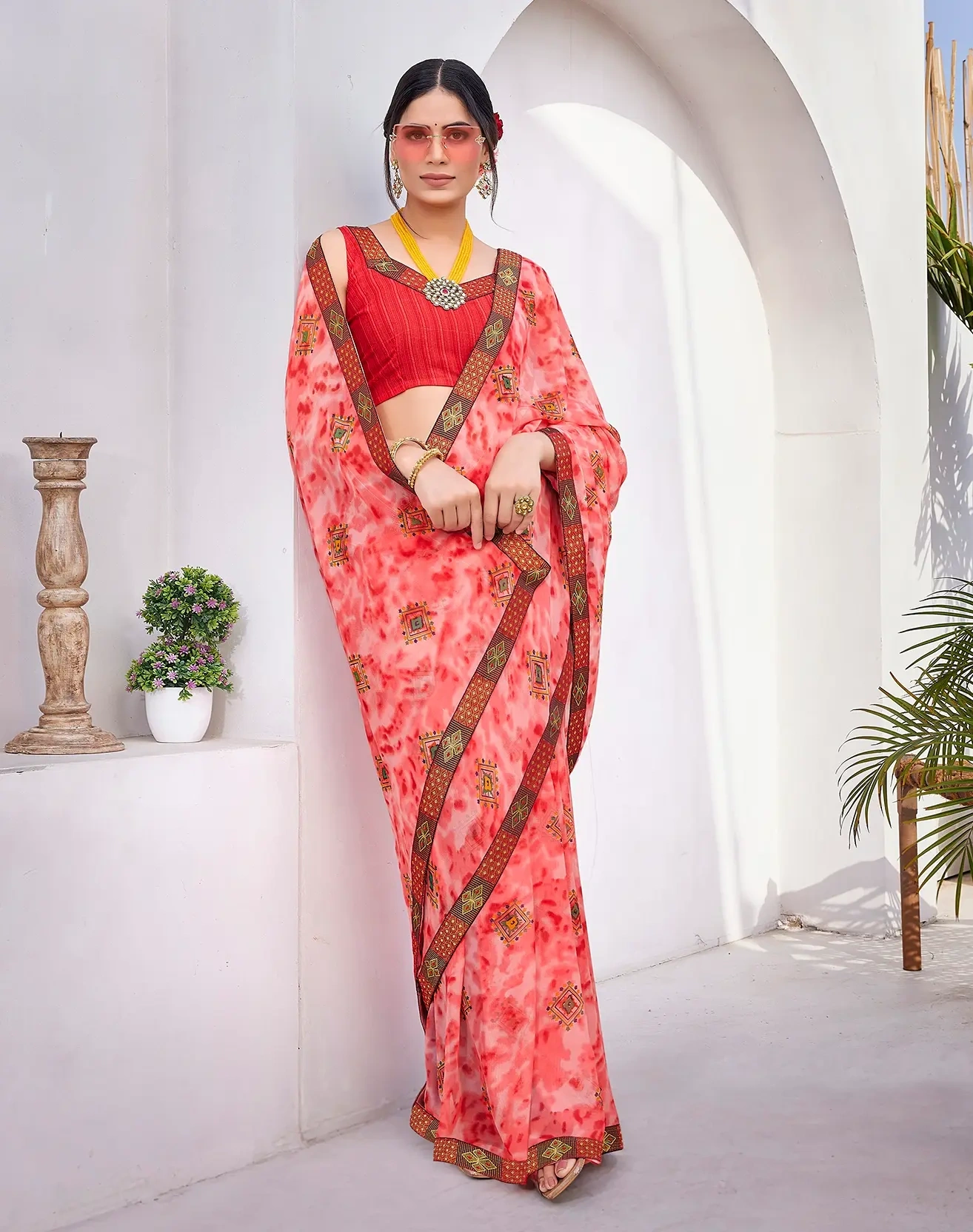 Exquisite Georgette Saree with Jacquard Lace Borders-Red-1