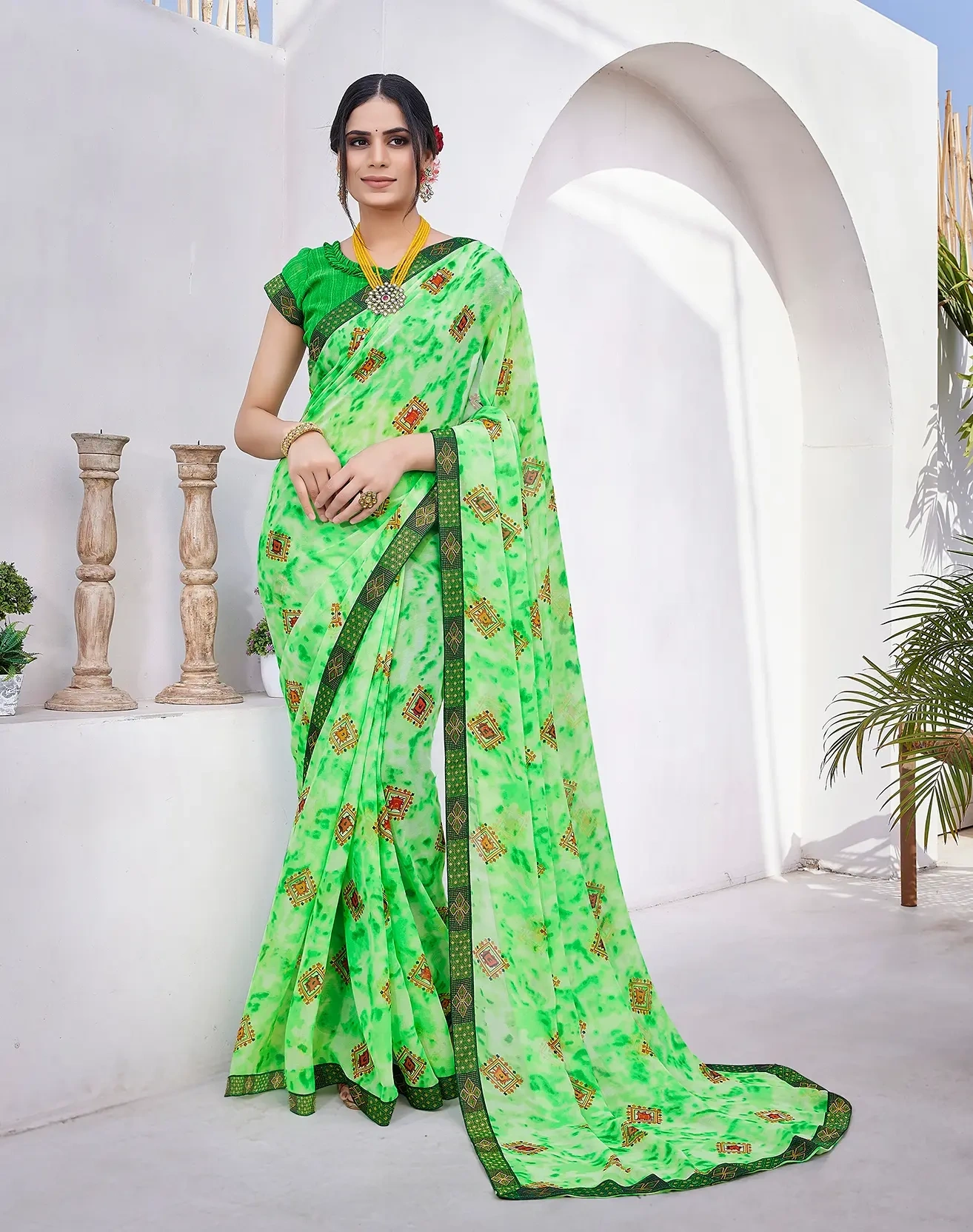 Exquisite Georgette Saree with Jacquard Lace Borders-KAJUKATRI_GREEN