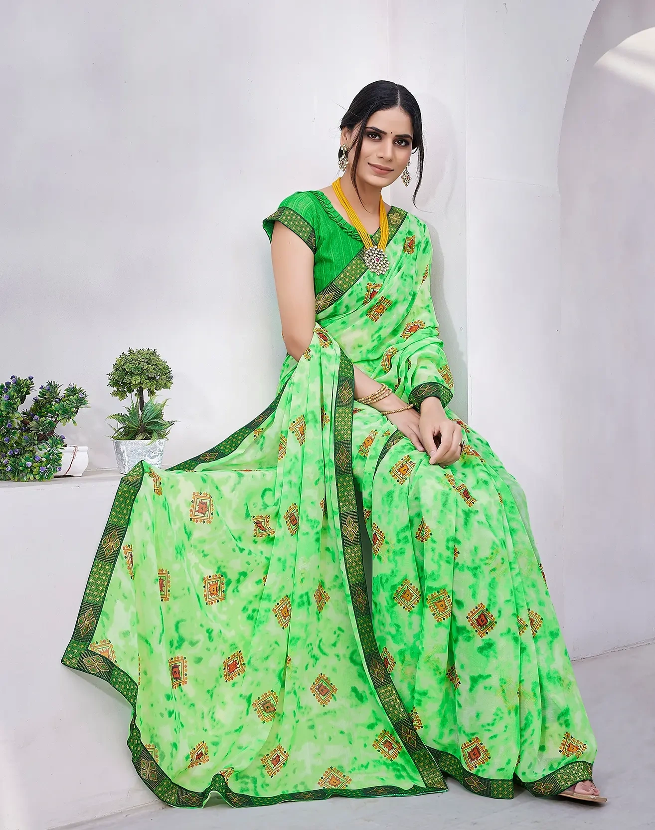 Georgette with Jacquard Lace Saree-GREEN-1