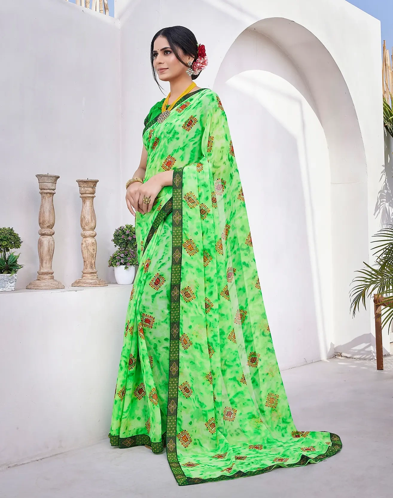 Georgette with Jacquard Lace Saree-GREEN-3