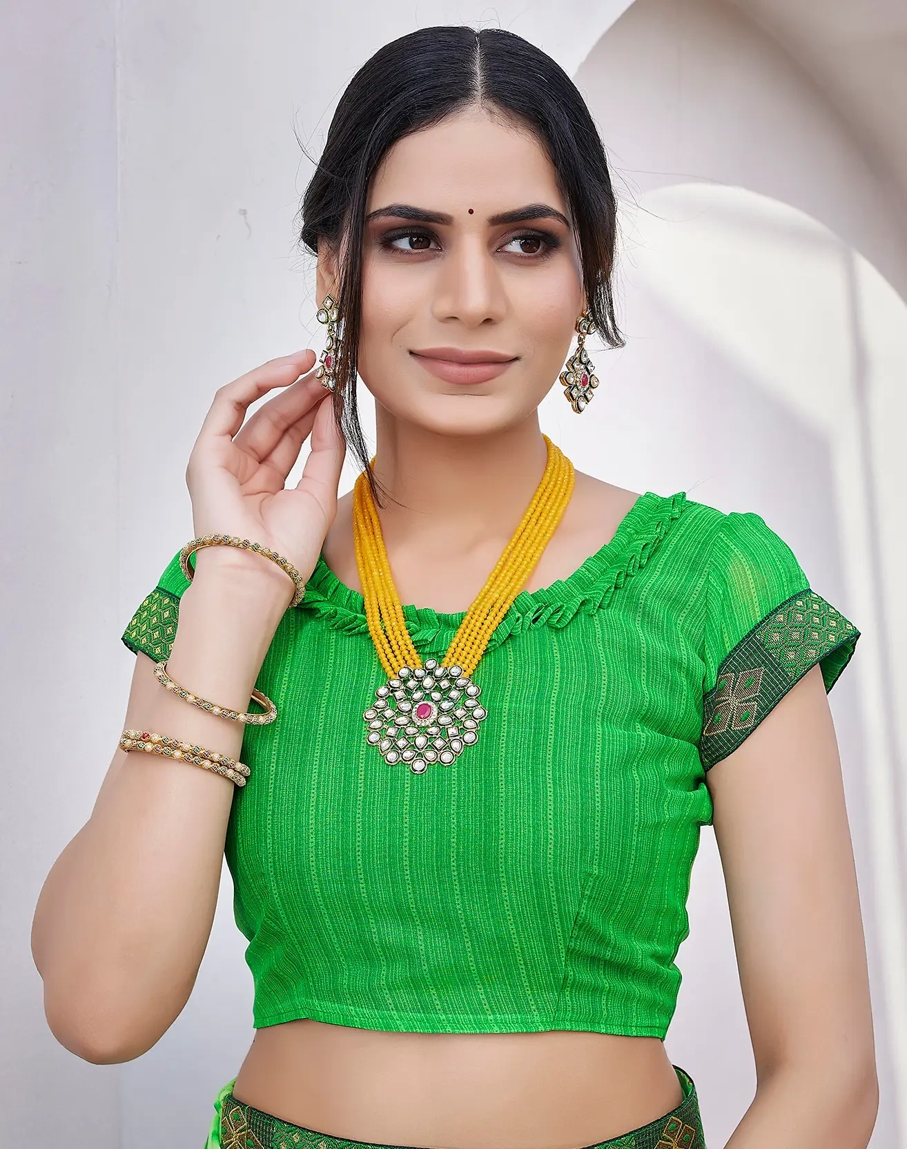 Georgette with Jacquard Lace Saree-GREEN-4