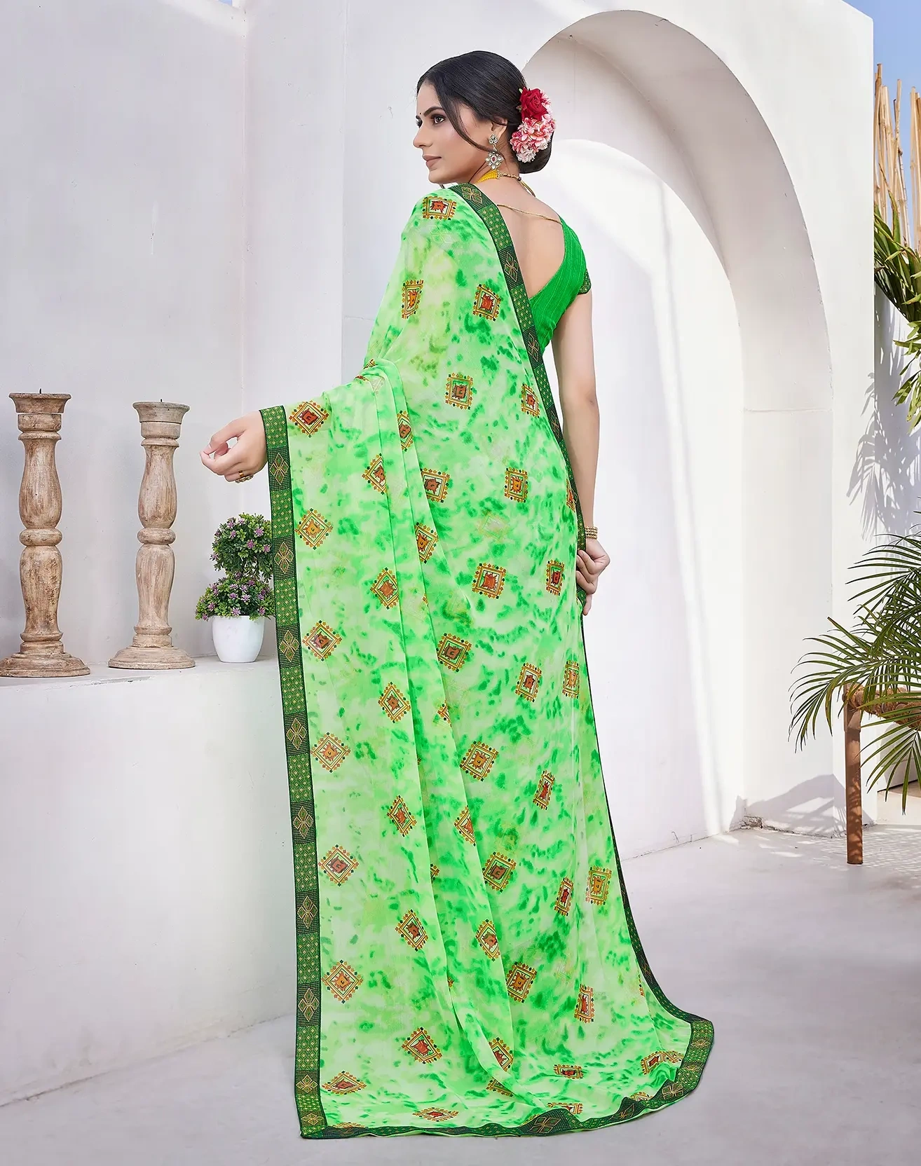 Georgette with Jacquard Lace Saree-GREEN-5