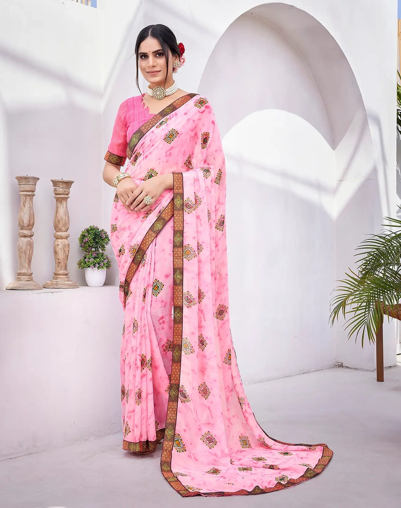 Georgette with Jacquard Lace Saree-KAJUKATRI_PINK