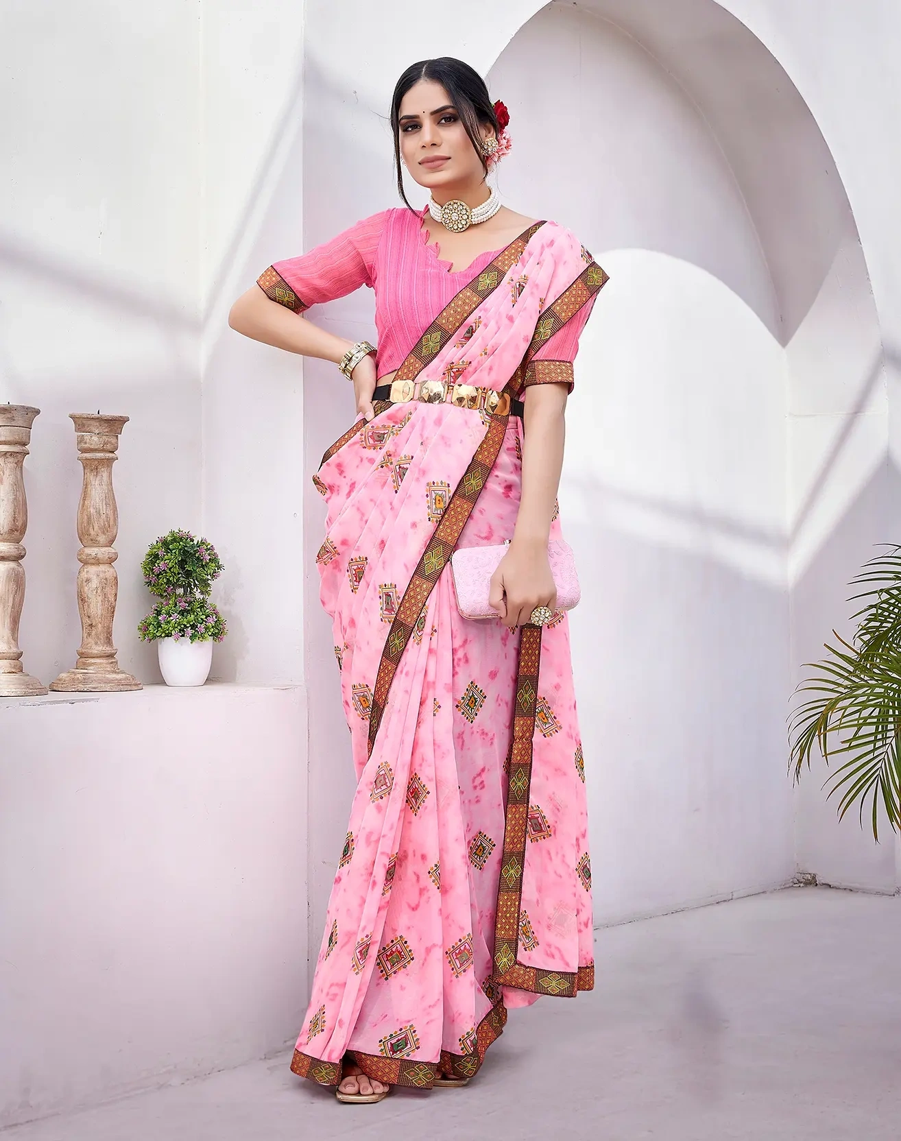 Georgette with Jacquard Lace Saree-PINK-1