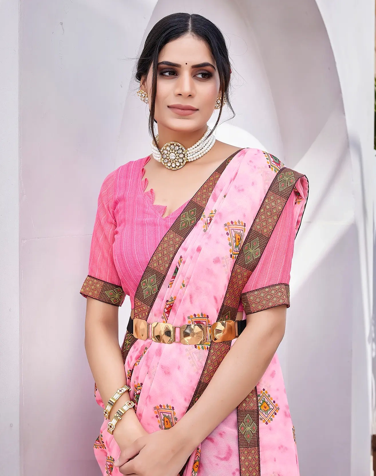 Georgette with Jacquard Lace Saree-PINK-2