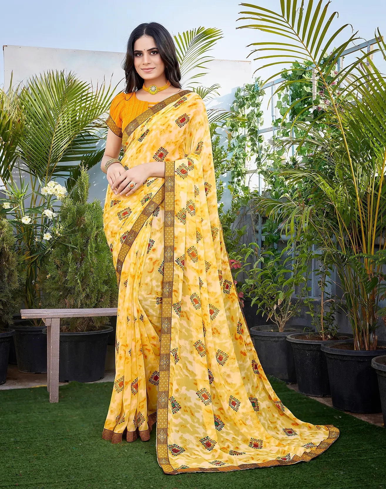 Exquisite Georgette Saree with Jacquard Lace Borders-KAJUKATRI_YELLOW