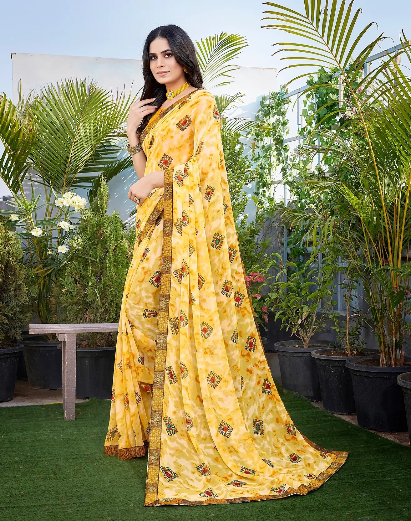 Georgette with Jacquard Lace Saree-Yellow-1