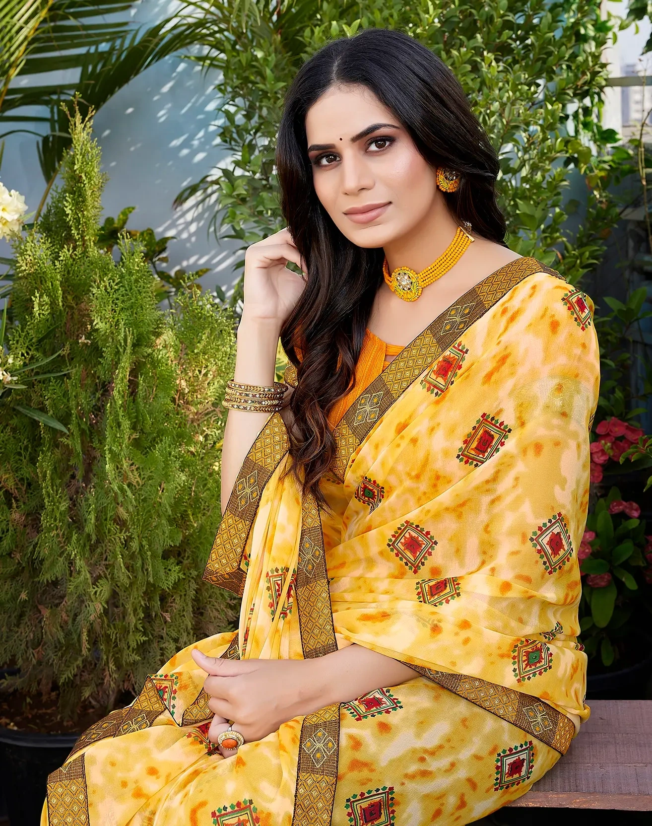 Georgette with Jacquard Lace Saree-Yellow-2