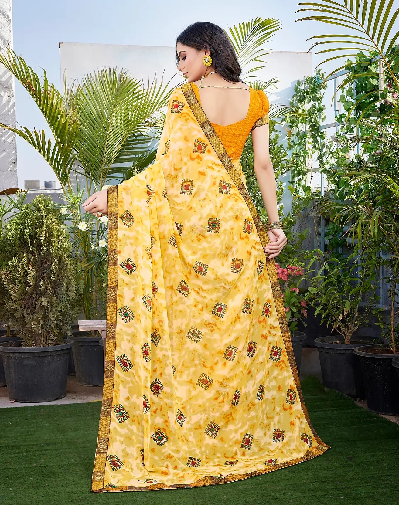 Georgette with Jacquard Lace Saree-Yellow-3