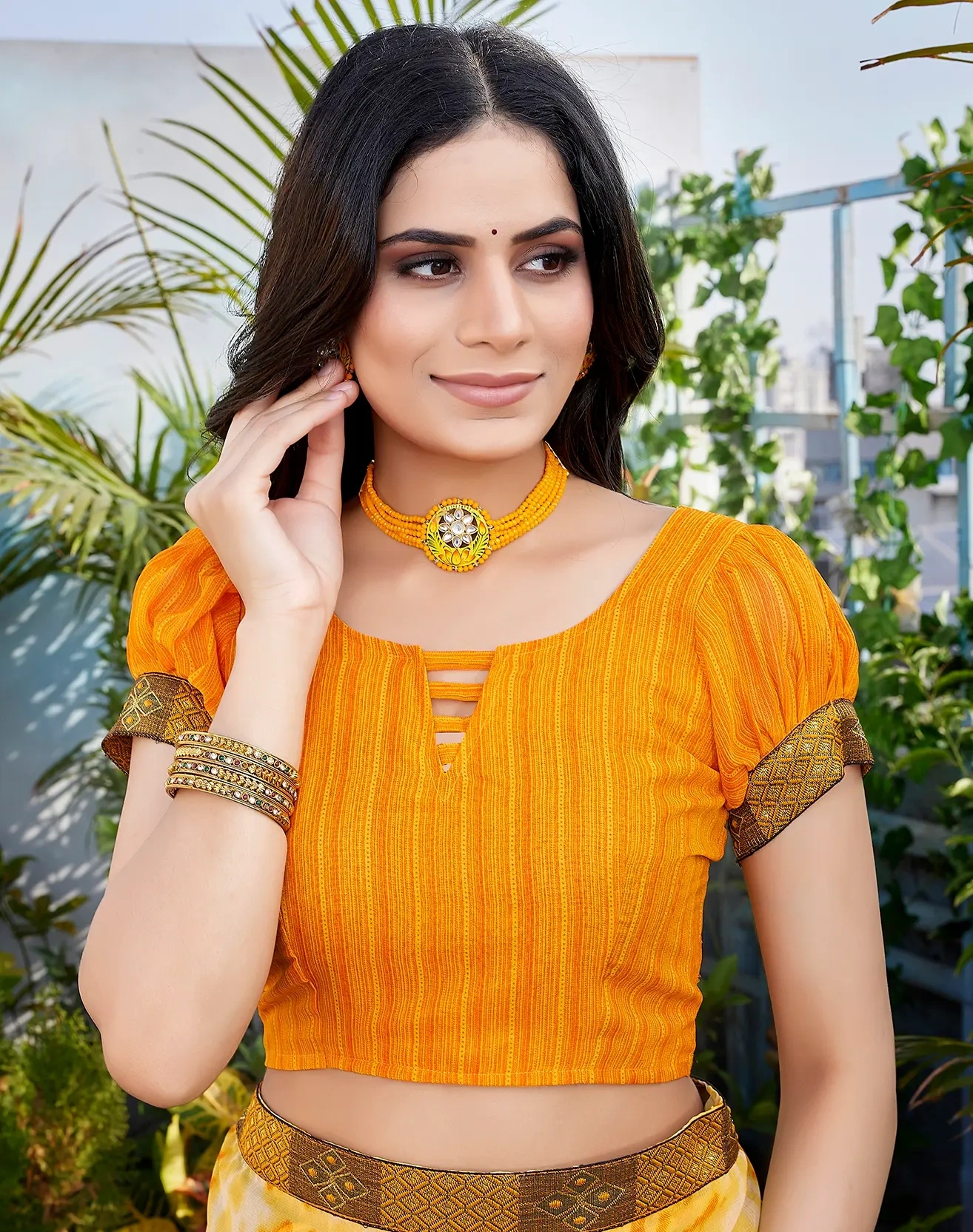 Georgette with Jacquard Lace Saree-Yellow-4