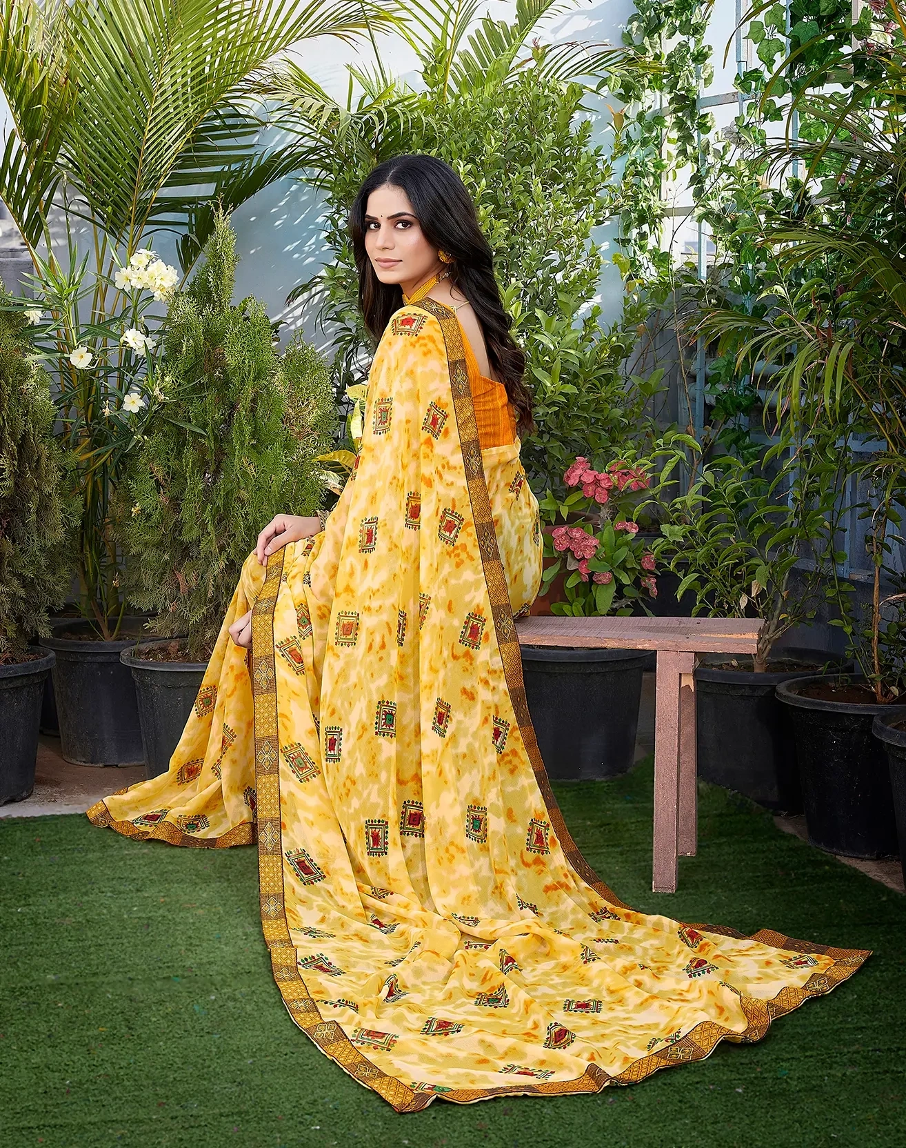 Georgette with Jacquard Lace Saree-Yellow-5