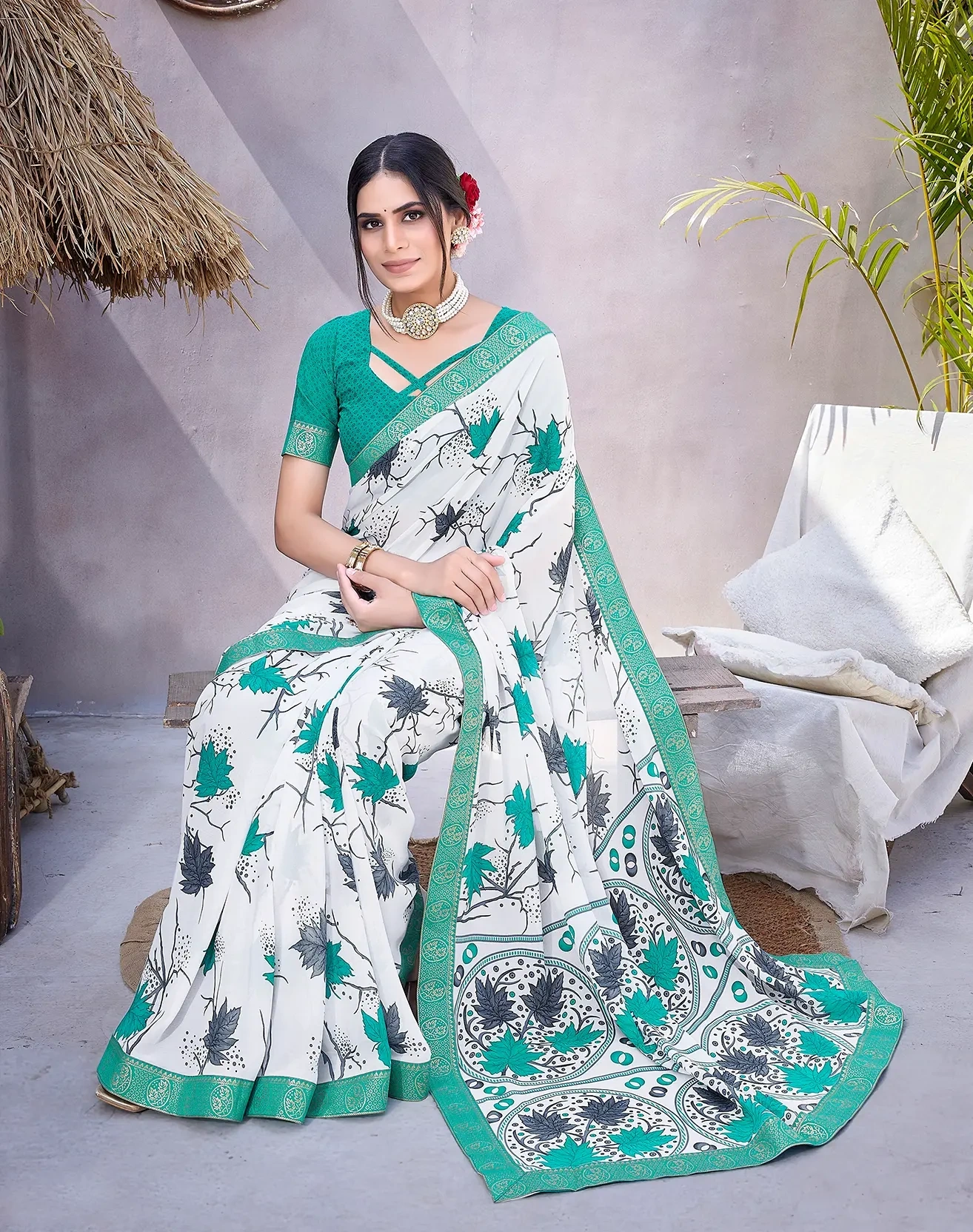 Luxurious Georgette Saree with Elegant Lace Border-Cyan-1