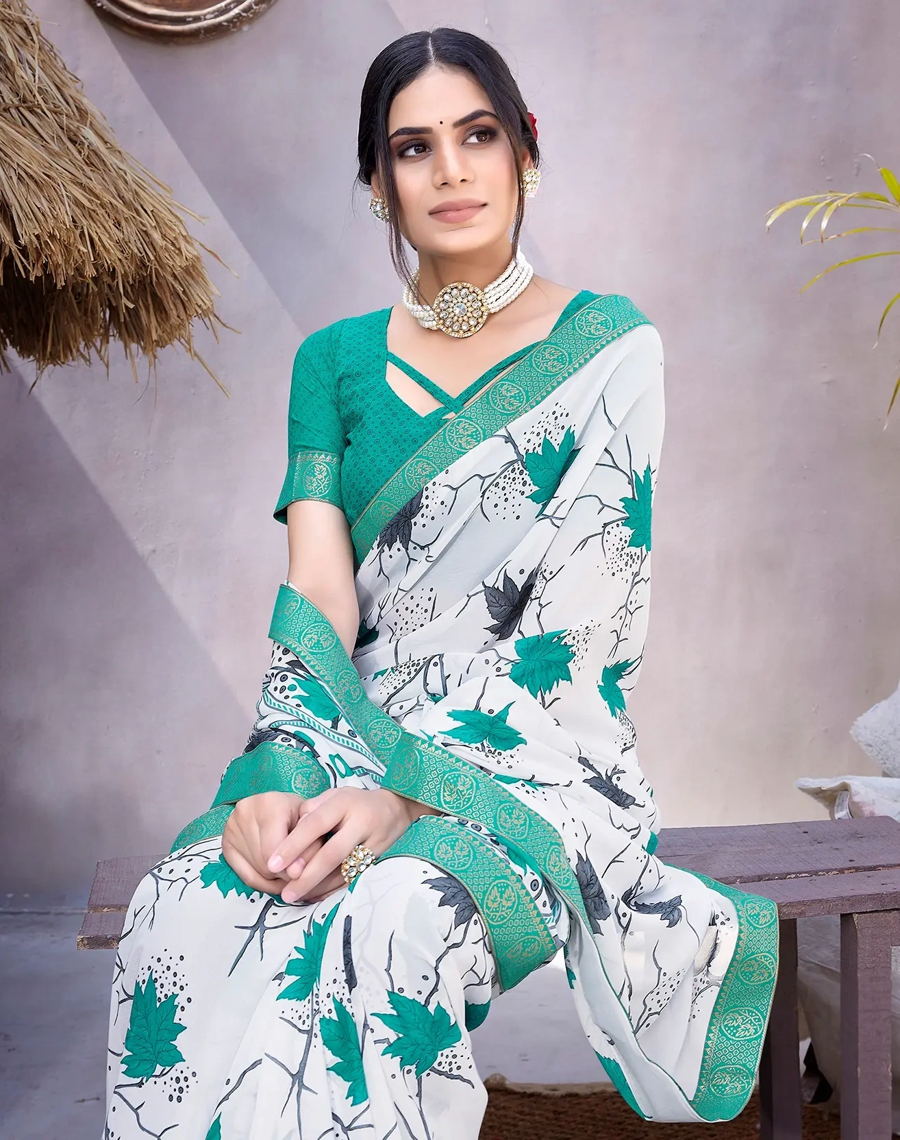 Luxurious Georgette Saree with Elegant Lace Border-Cyan-2