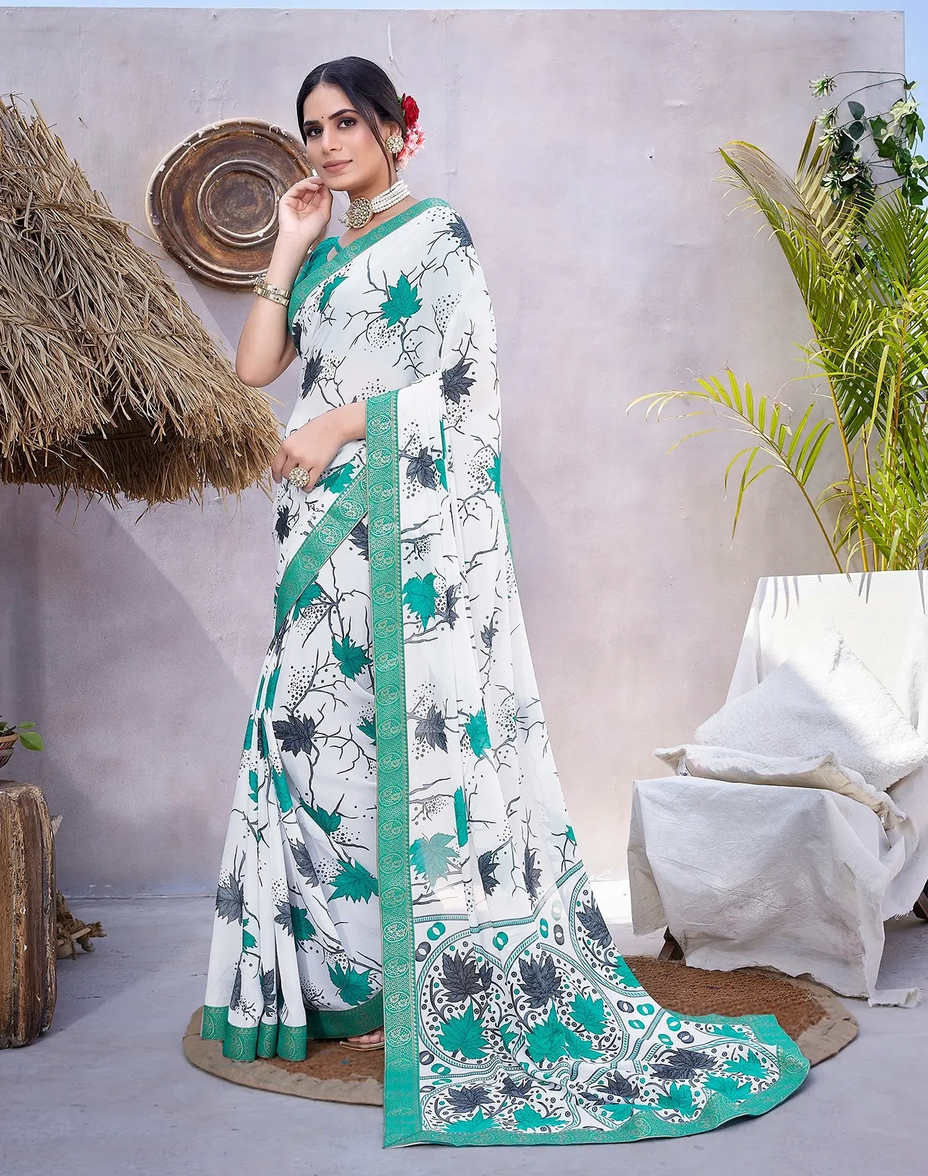 Luxurious Georgette Saree with Elegant Lace Border-Cyan-3