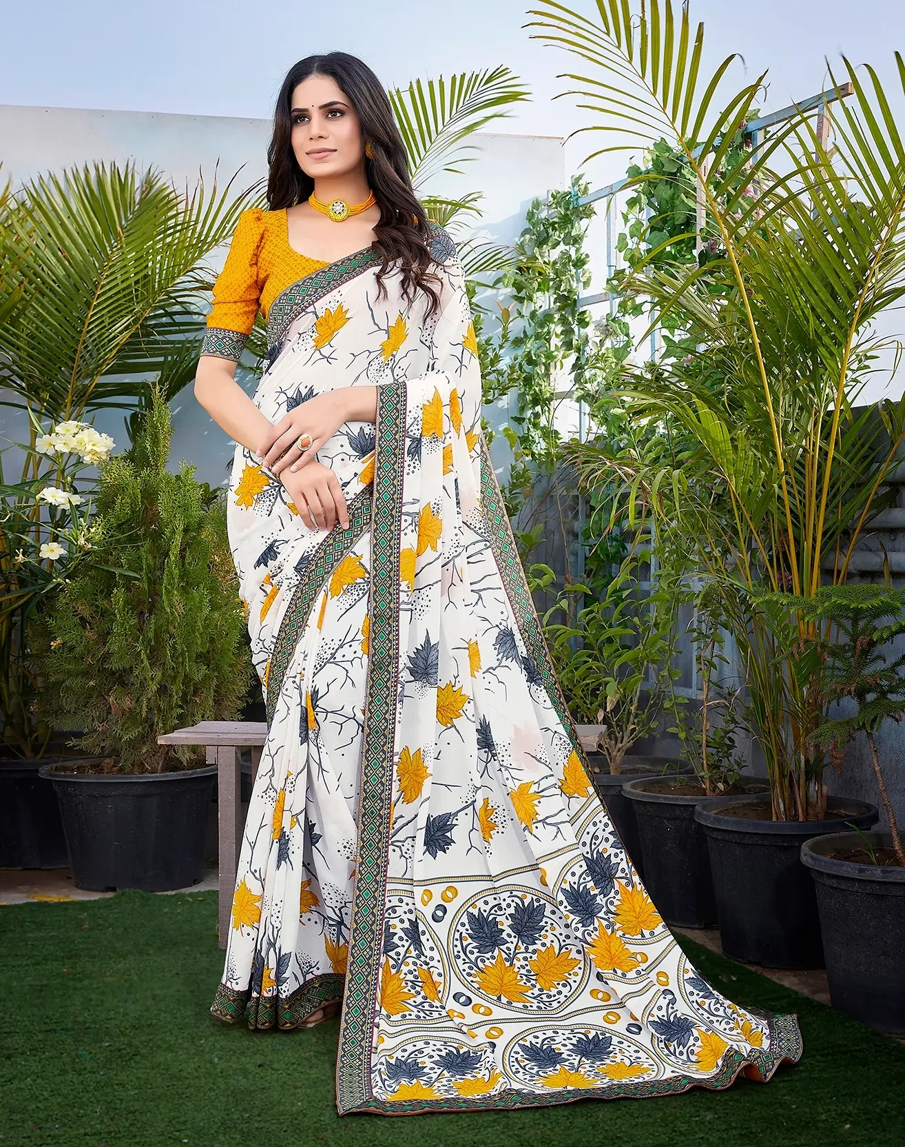 Luxurious Georgette Saree with Elegant Lace Border-KANY-Yellow