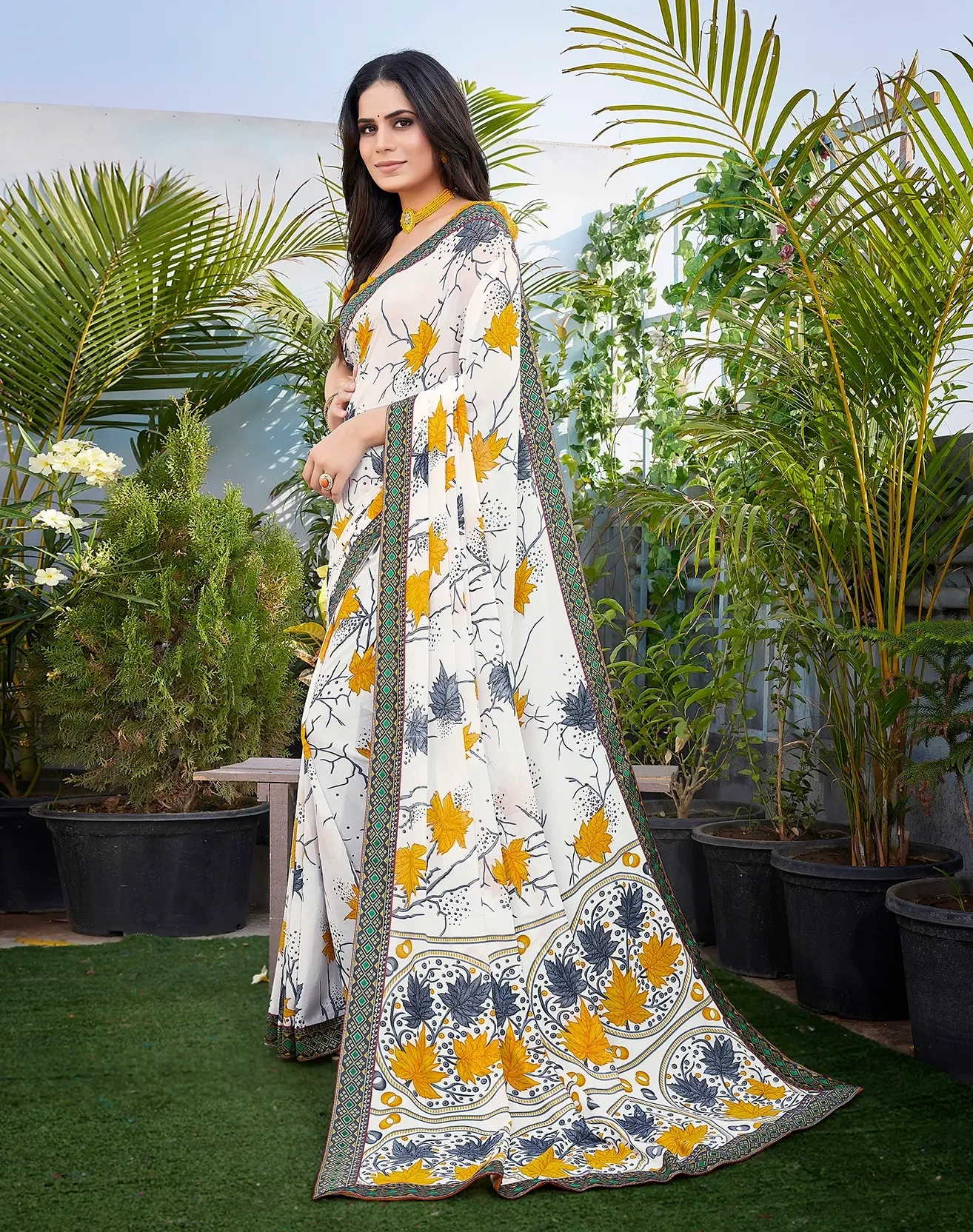 Luxurious Georgette Saree with Elegant Lace Border-Yellow-3