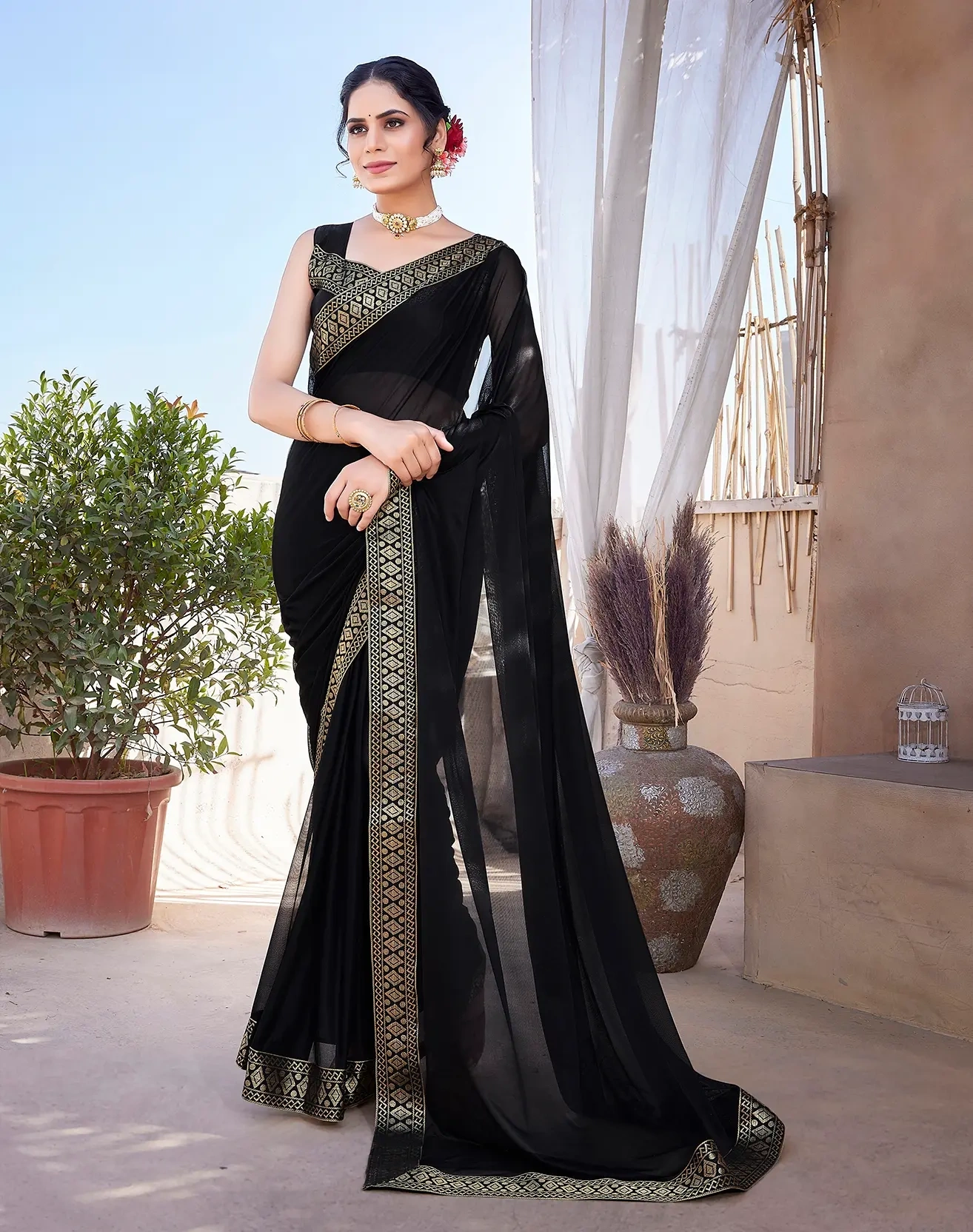 Lycra Blend Saree with Lace Border-KATRI-Black